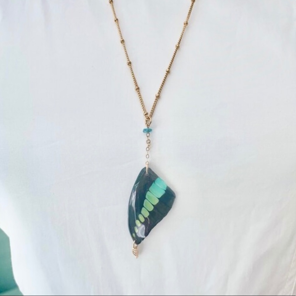 Rainbow Blue Butterly Pendant 14k Gold Necklace